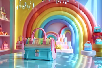 High-end boutique showcase with rainbow-themed accessories and ample copyspace for Pride ads