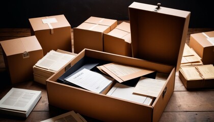 Multiple cardboard boxes filled with documents and folders, depicting a busy office move or archive organization scenario.. AI Generation