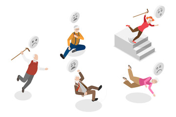 3D Isometric Flat  Illustration of Old People Stumble, Seniors Traumatic Accidents