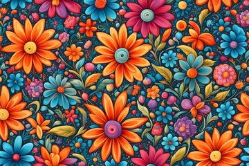 Colorful floral pattern in cartoon style. flowers and leaves with playful features seamless pattern background