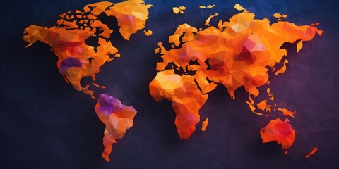 Polygonal world map on a dark background. The various bright world map made from polygon material....