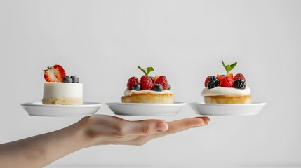 Hand Holding Complimentary Dessert Dishes for Advertising on White Background - Front View