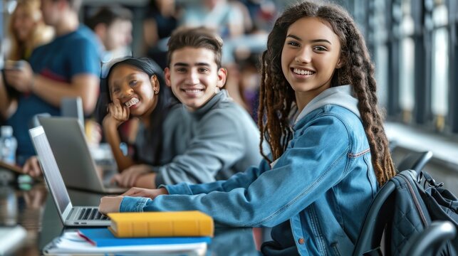  Happy students sitting together with laptop and books. Group training