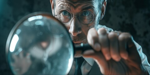 Businessman looking through a magnifying glass, searching, monitoring the situation, Generative AI. - Powered by Adobe