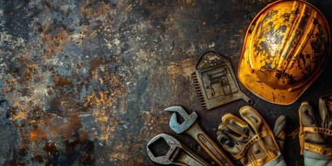 Hardhat, hammer, wrench, gloves, and other worn and dirty tools on dark background with copy space