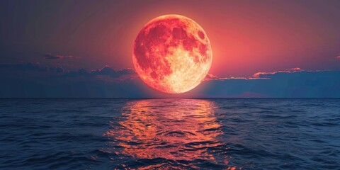 Harvest Moon - glowing bright red moon over the sea