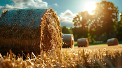 Hay bales in beautiful countryside farm land in sunny day