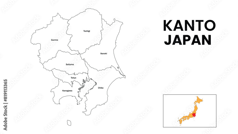 Poster Kanto Map. State and district map of Kanto. Administrative map of Kanto with district and capital in white color.