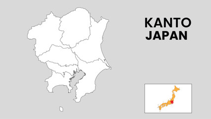 Kanto Map. Outline state map of Kanto. Political map of Kanto with a black and white design.
