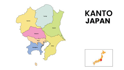 Kanto Map. State and district map of Kanto. Detailed colourful map of Kanto.