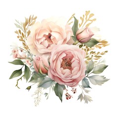 An elegant and detailed watercolor painting of a bouquet of pink and cream roses with green leaves