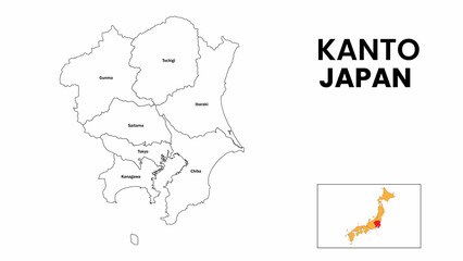 Kanto Map. State and district map of Kanto. Administrative map of Kanto with district and capital in white color.