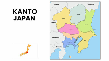 Kanto Map. State and district map of Kanto. Political map of Kanto with country capital.