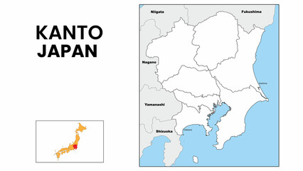 Obraz premium Kanto Map. State and district map of Kanto. Political map of Kanto with outline and black and white design.