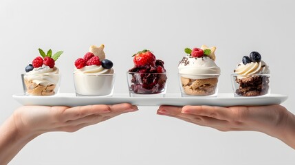 Hand selecting complimentary dessert dishes for advertising on white background, front view