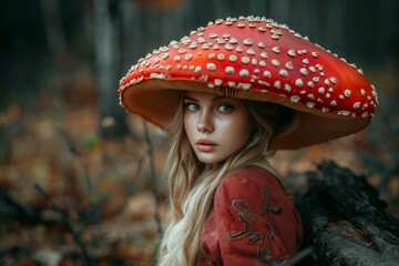 Portrait of a beautiful girl in a fairy-tale forest with a fly agaric hat