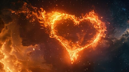 Heart as a symbol of love in the vastness of the universe with a lone star and a flame along the...