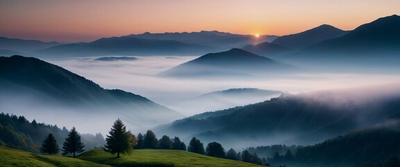 Landscape Sunrise over a Misty Mountain Valley Ethereal