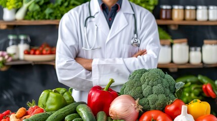 Nutritionist recommending healthy food, A doctor in a white coat stands with arms crossed behind a table full of fresh vegetables