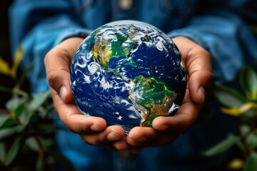 Hands holding a blue Earth globe, symbolic eco gesture for environmental protection, human responsibility for nature conservation