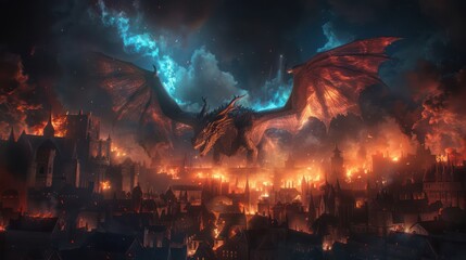 Fototapeta premium A dragon is flying over a city burning with blue fire.