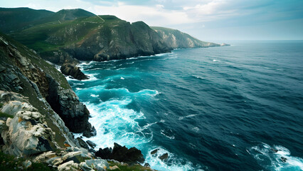 sea and big rocks, landscape view with blue water of the ocean and mountains 