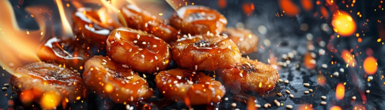 Deepfried banana, sweet and crispy, served with honey and sesame seeds, lively night market scene