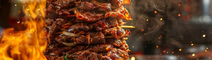 Doner kebab on a vertical rotisserie, thinly sliced meat, busy Turkish market scene