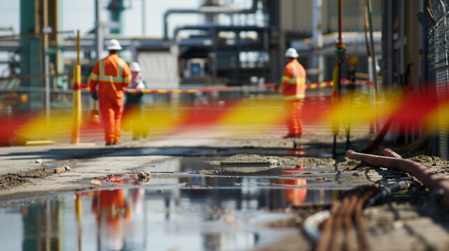 Urgent cleanup operation at a chemical spill site  with barrier tape enclosing the area  showcasing critical response measures and safety protocols
