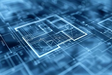 Detailed architectural blueprint showcasing floor plans with a digital, futuristic design in cool blue tones.