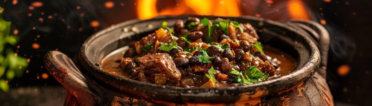 Feijoada, Brazilian black bean stew with pork, served in a clay pot, lively festival in Rio de Janeiro