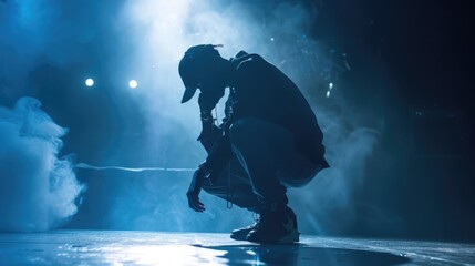 Hip-hop singer crouching on stage.