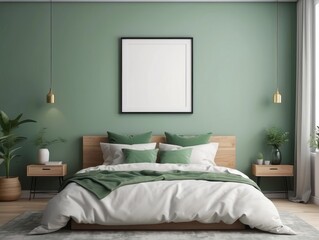 blank poster frame in light cozy and simple bedroom interior background, Cloudy Green wall