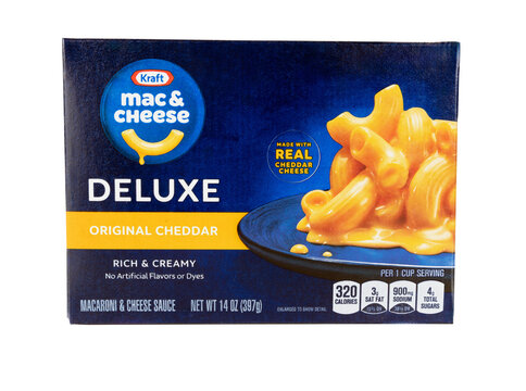 BOTHELL, WA/USA- MAY 18, 2024: Box of Kraft Mac and Cheese on isolated white pure background with reflection 