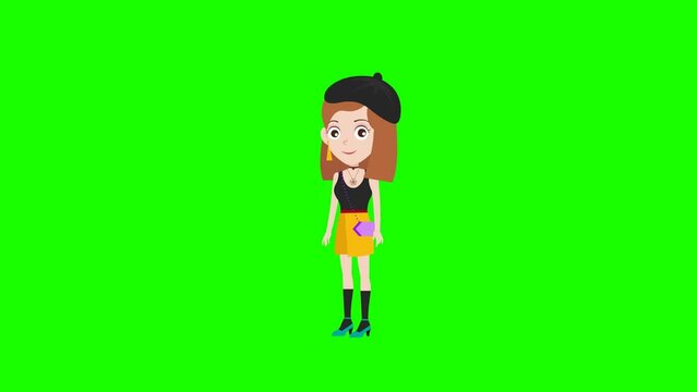 beautiful cute cartoon fashion girl with bow reaction 2d animation and background, animated cartoon character lady bow, women, beauty 4k