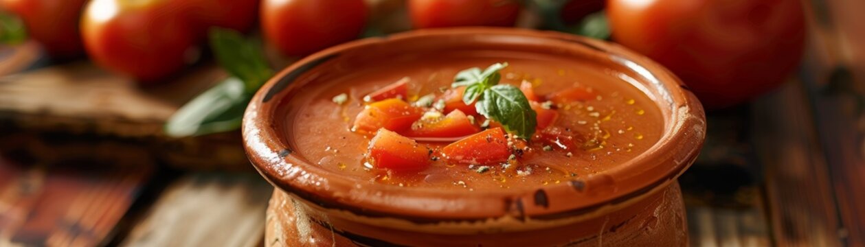 Gazpacho, chilled Spanish soup made from tomatoes and vegetables, served in a terracotta bowl, sunny Andalusian restaurant