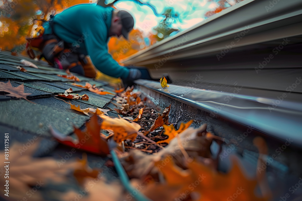 Poster High-Quality Gutter Cleaning: Man Removing Leaves from a Roof Gutter. Concept Cleaning Gutters, Roof Maintenance, Home Improvement, Fall Cleanup, Leaf Removal