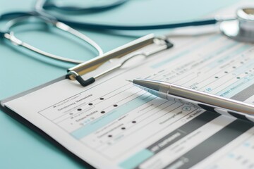 A pen resting on medical forms with a stethoscope on a clipboard. The scene is in a professional medical setting.