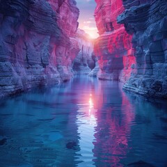 Stunning photo of an underground canyon with walls carved from blue and green rocks, reflecting the colors of dawn. towering rocks that create arches, ravines and surreal landscapes.