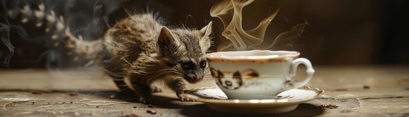 Kopi Luwak, coffee made from beans digested by civets, served in a fine porcelain cup, Indonesian coffee plantation