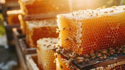 Honeycombs with pollen. Harvest beekeeping products in the apiary