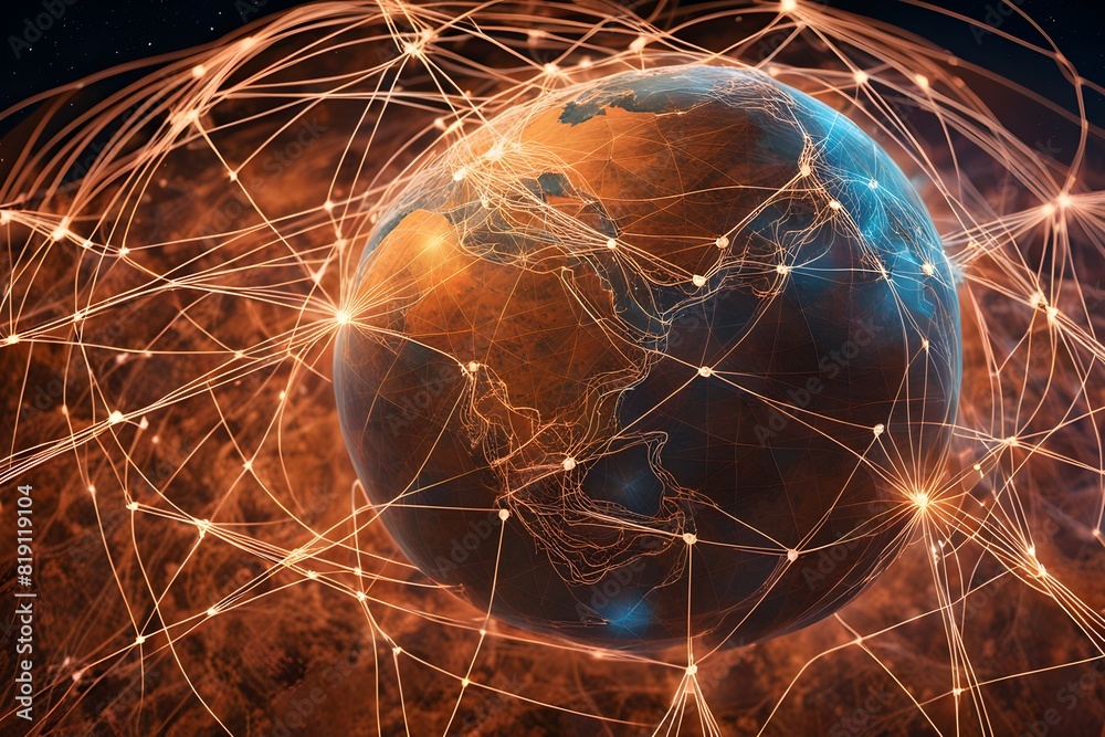 Poster global network connectivity depicted as a stylized data map. technology data background
