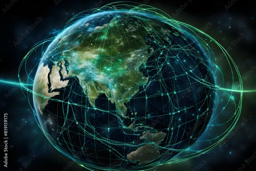 Poster global network connectivity depicted as a stylized data map. technology data background