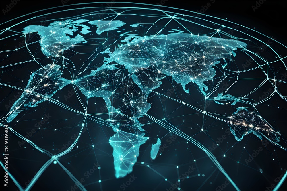 Poster global network connectivity depicted as a stylized data map. technology data background