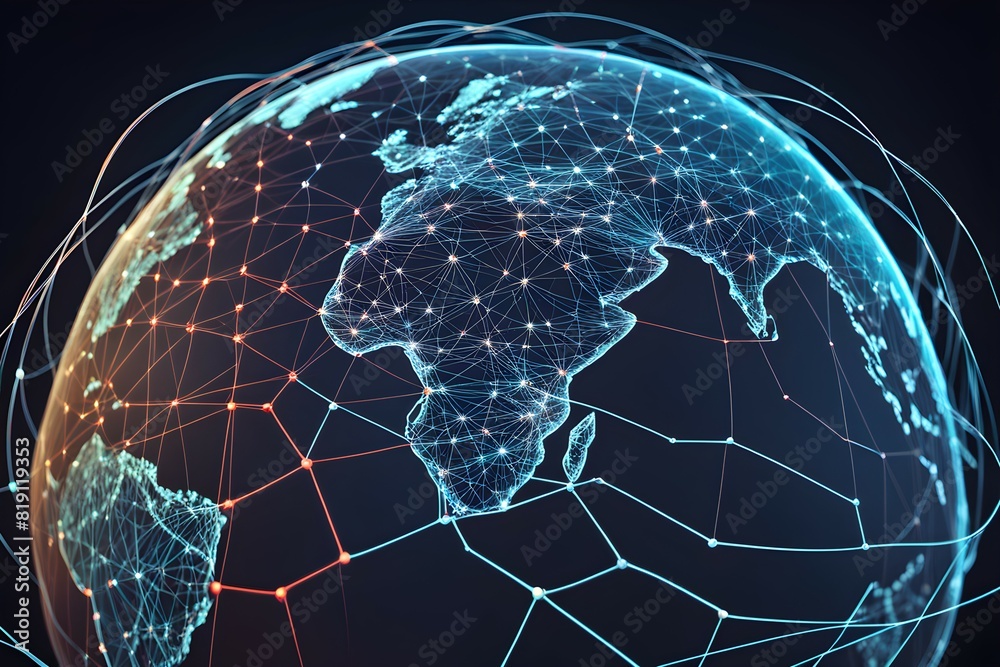 Poster global network connectivity depicted as a stylized data map. technology data background