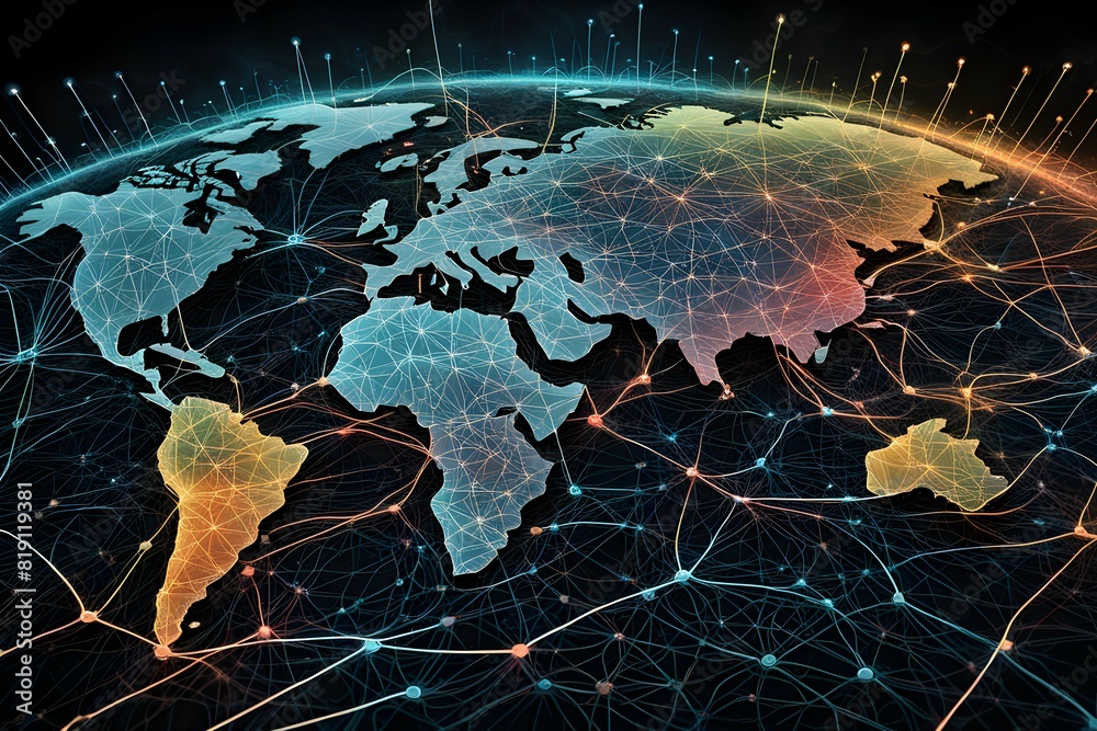 Poster global network connectivity depicted as a stylized data map. technology data background