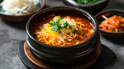 Hot kimchi soup with shredded cheese and shamrock in a black bowl.