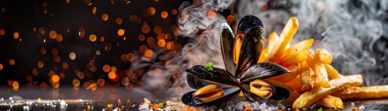 Moules frites, mussels cooked in white wine sauce, served with fries, Belgian beachside cafe