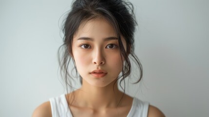 Fototapeta premium Beautiful Japanese woman wearing a white tank top, white background