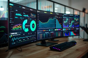 Three monitors displaying financial trading charts and data in a modern office.